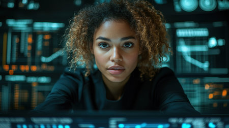 Professional woman engages in data analysis amid illuminated displays showing graphs and metrics.の素材