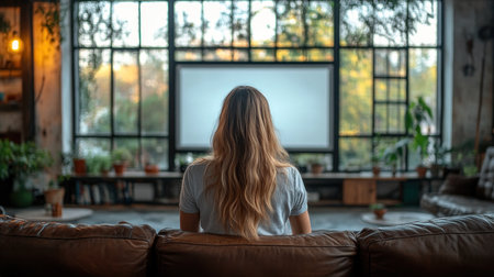 A person relaxes on a comfortable couch, watching a large screen illuminated by soft evening light.の素材