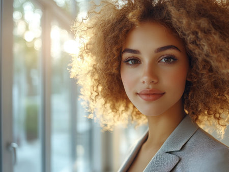 Young woman with curly hair smiles softly, illuminated by warm sunlight in a modern indoor space.の素材