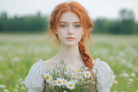 A woman with flowing red hair holds a bouquet of wildflowers in a sunlit green field.の素材