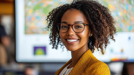 A young woman wearing glasses and a cheerful smile stands in an office space with a presentation backdrop.の素材