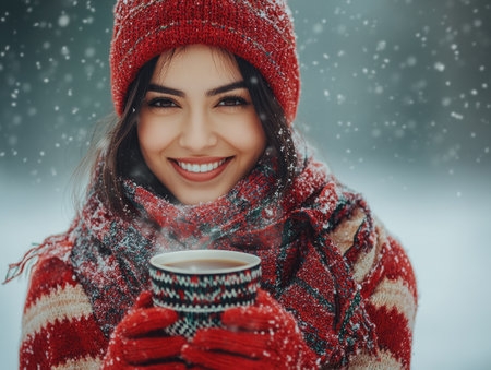 Woman dressed in warm clothing holds a steaming drink and smiles joyfully amidst falling snowflakes.の素材