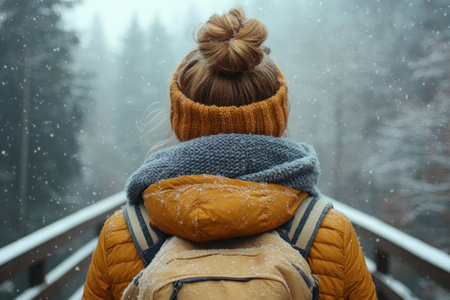 A woman wearing a warm jacket and knitted hat enjoys the winter atmosphere on a snowy day.の素材