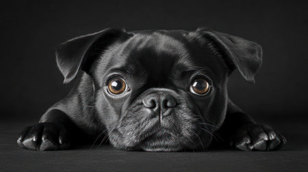 A black pug puppy is lying down, looking directly at the viewer with large, engaging eyes.の素材