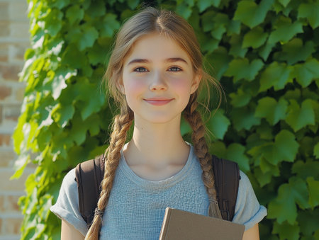 Girl smiles while holding a book outdoors surrounded by lush green leaves in bright sunlight.の素材