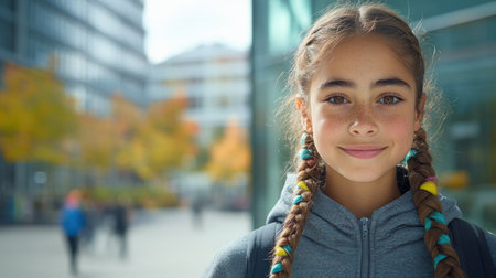 Girl with braids stands outdoors in an urban setting, surrounded by trees changing color in autumn.の素材