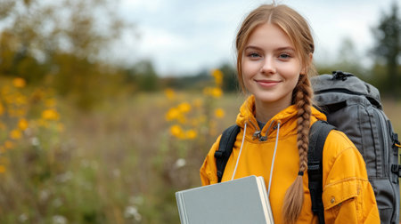 A girl with a braided hairstyle stands in a field adorned with wildflowers, smiling and holding a notebook.の素材