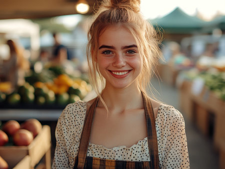 Young woman wearing an apron smiles brightly amidst colorful produce at the market during sunset.の素材