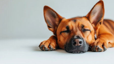 A relaxed dog sleeps soundly with closed eyes and ears perked up, radiating peace.の素材