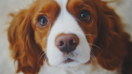 This dog appears inquisitive, gazing upward with big, expressive eyes in a cozy indoor environment.の素材
