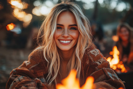 Woman with long hair smiling warmly by the campfire while surrounded by friends in a forest setting.の素材