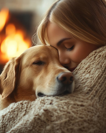 A girl embraces her golden retriever while wrapped in a cozy blanket by the warmth of the fireplace.の素材