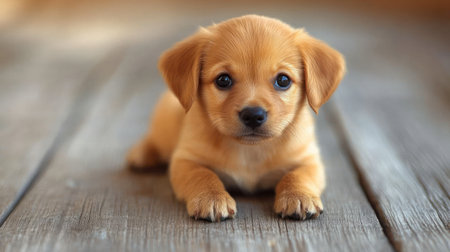 A curious golden puppy rests on a wooden floor, showing its playful nature and soft fur.の素材