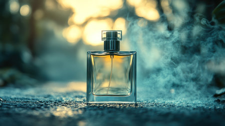 A perfume bottle sits gracefully in a misty environment during a vibrant sunset, capturing a tranquil mood.の素材
