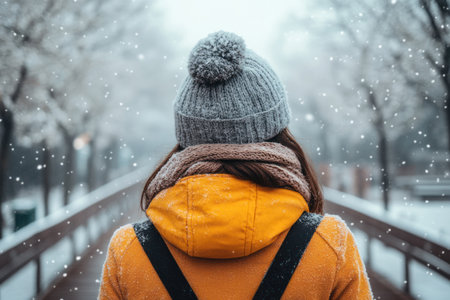 A person in a bright yellow coat with a gray beanie walks through a snow covered park on a cold winter day.の素材
