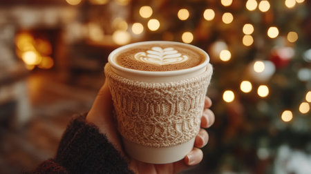 A person holds a cozy coffee cup near a decorated Christmas tree with shimmering lights.の素材