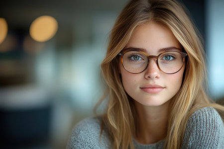 A young woman with light brown hair and glasses sits thoughtfully in a stylish, well lit space.の素材