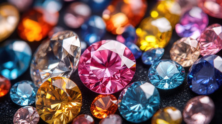 A diverse array of colorful gemstones reflects light, highlighting their unique shapes and vibrancy.の素材