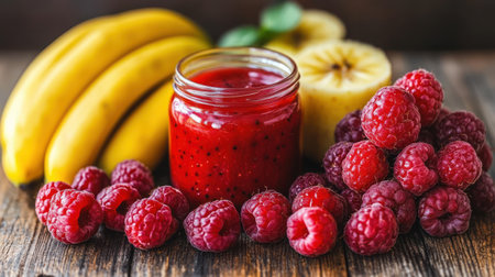Juicy bananas and apples surround a jar of vibrant raspberry jam and fresh raspberries on a table.の素材