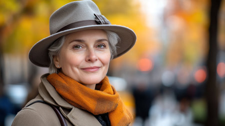 Woman with gray hair wearing hat and scarf enjoys a walk in a colorful autumn setting.の素材