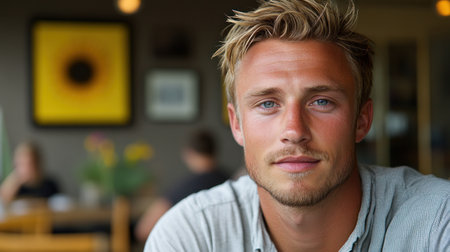 A young man relaxes in a cafe, exuding a friendly demeanor amidst a charming atmosphere.の素材