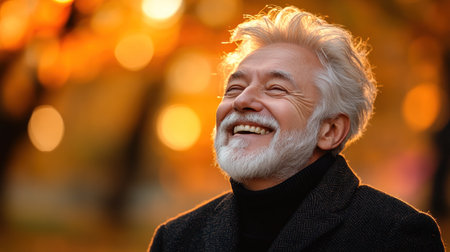 Elderly man with gray hair smiles brightly while enjoying a sunny autumn day in the parkの素材