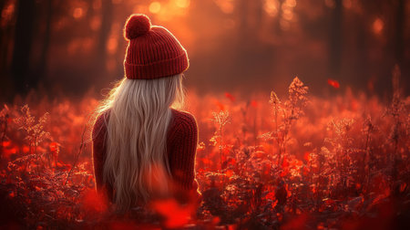 Girl with long hair in a red sweater enjoys the stunning fall foliage during golden hour.の素材