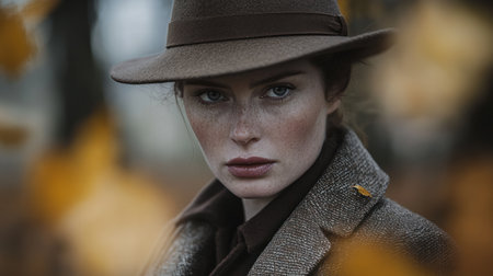 Woman wearing a hat stands thoughtfully under trees with vibrant autumn leaves around her.の素材