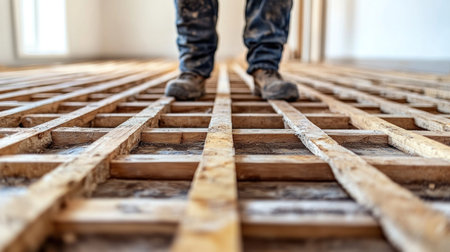 A worker is stepping carefully on wooden floor planks while performing construction in a room.の素材