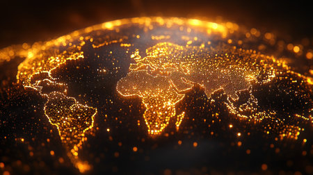 A glowing world map highlights illuminated continents and cities on a dark background.の素材