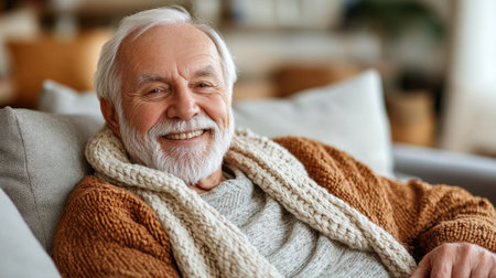 Elderly man enjoys his time indoors, relaxing on a couch while wearing a warm sweater and smiling happily.の素材