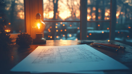 A warm glow fills the room as blueprints lie on a table, illuminated by a classic lamp in the evening light.の素材