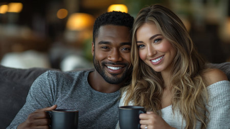 A couple sits close, holding coffee mugs and smiling happily in a warm atmosphere.の素材