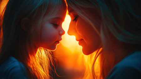 Two faces gently touch as a mother and child share a loving moment in warm sunset light.の素材