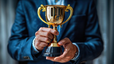 A man in a blue suit holds a golden trophy with both hands.の素材