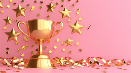 A golden trophy sits on a pink background, surrounded by golden stars and confetti.の素材