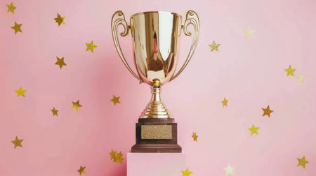 A golden trophy sits on a pink pedestal against a pink background with scattered gold stars.の素材