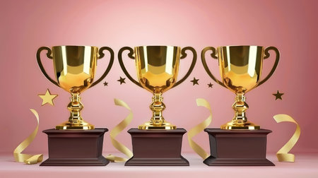 Three golden trophies stand on wooden bases with gold ribbons and stars on a pink background.の素材