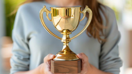 A person holds up a gold trophy with both hands. The background is out of focus.の素材