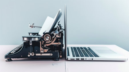 A classic typewriter sits next to a modern laptop on a desk, representing the evolution of technology and communication.の素材