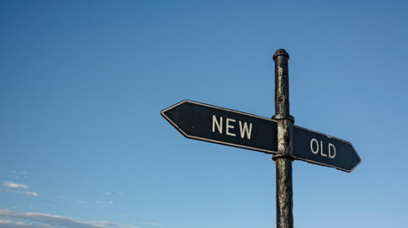 A black signpost with white text reads NEW and OLD on opposing directional arrows, pointing towards the horizon under a clear blue sky with white clouds.の素材