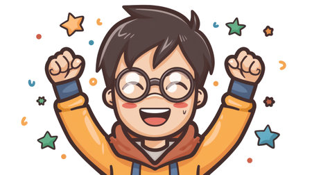 A cartoon illustration of a joyful boy wearing glasses and a yellow jacket raising his arms in celebration. Stars and confetti surround him.の素材