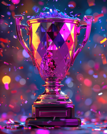 A purple trophy with confetti falling down on it.の素材