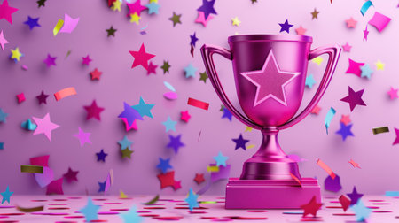 A pink trophy with a star on it sits in front of a pink background with falling confetti stars.の素材