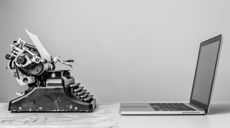 A vintage typewriter and a modern laptop sit side-by-side on a white table, symbolizing the evolution of technology in writing and communication.の素材