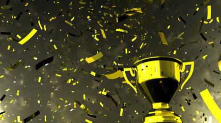 A gold trophy with a handle, stands against a dark background with yellow and black confetti falling around it.の素材