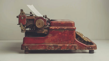 A vintage red typewriter with a sheet of paper and keys ready to be typed on, rests on a white surface.の素材