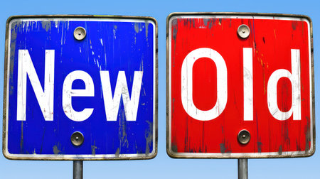 Two weathered road signs, one blue with the word New and the other red with the word Old, set against a clear blue sky.の素材