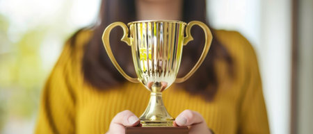 A woman in a yellow sweater holds a gold trophy with both hands. Her face is out of focus, but her hands are clearly visible.の素材