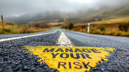 A close-up view of a road with a yellow warning sign that reads Manage Your Risk in a foggy, rural environment.の素材